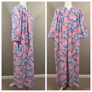Vintage Pastel Floral Housecoat Nightgown Pocket Zipper Quilted Yoke Pink Rose